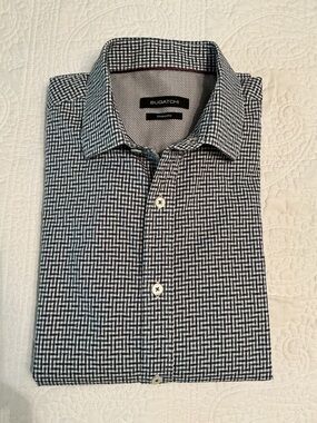 Bugatchi Men's M Shaped Fit Navy, Blue & White Geometric Print Button Down Shirt